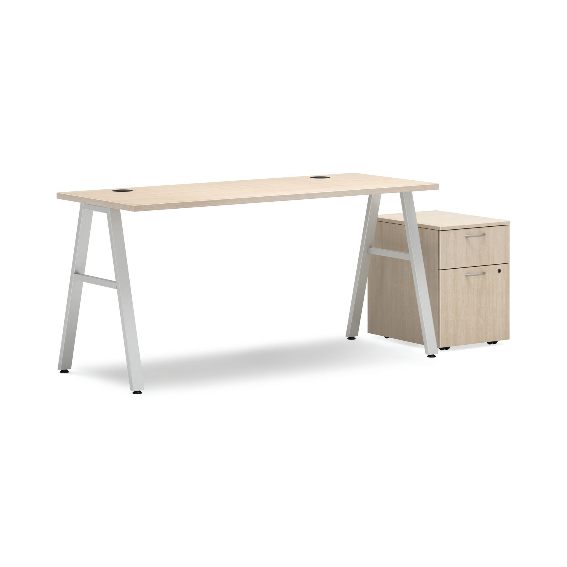 HON Mod Desk with Storage | 1 Box Drawer / 1 File Drawer | 60"W x 24"D | Silver A-Leg Base | Desert Oak Laminate