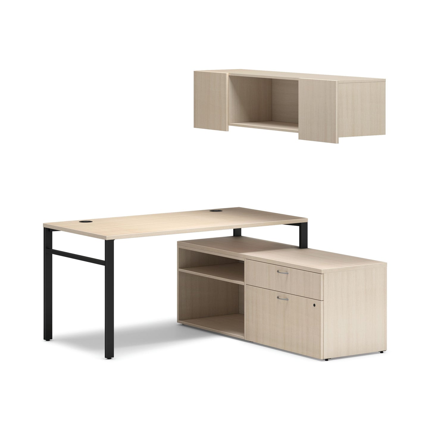 HON Mod Workstation with Wall Mount Storage | 60"W x 60"D | Black U-Legs | 2 Storage Credenzas | Desert Oak Laminate