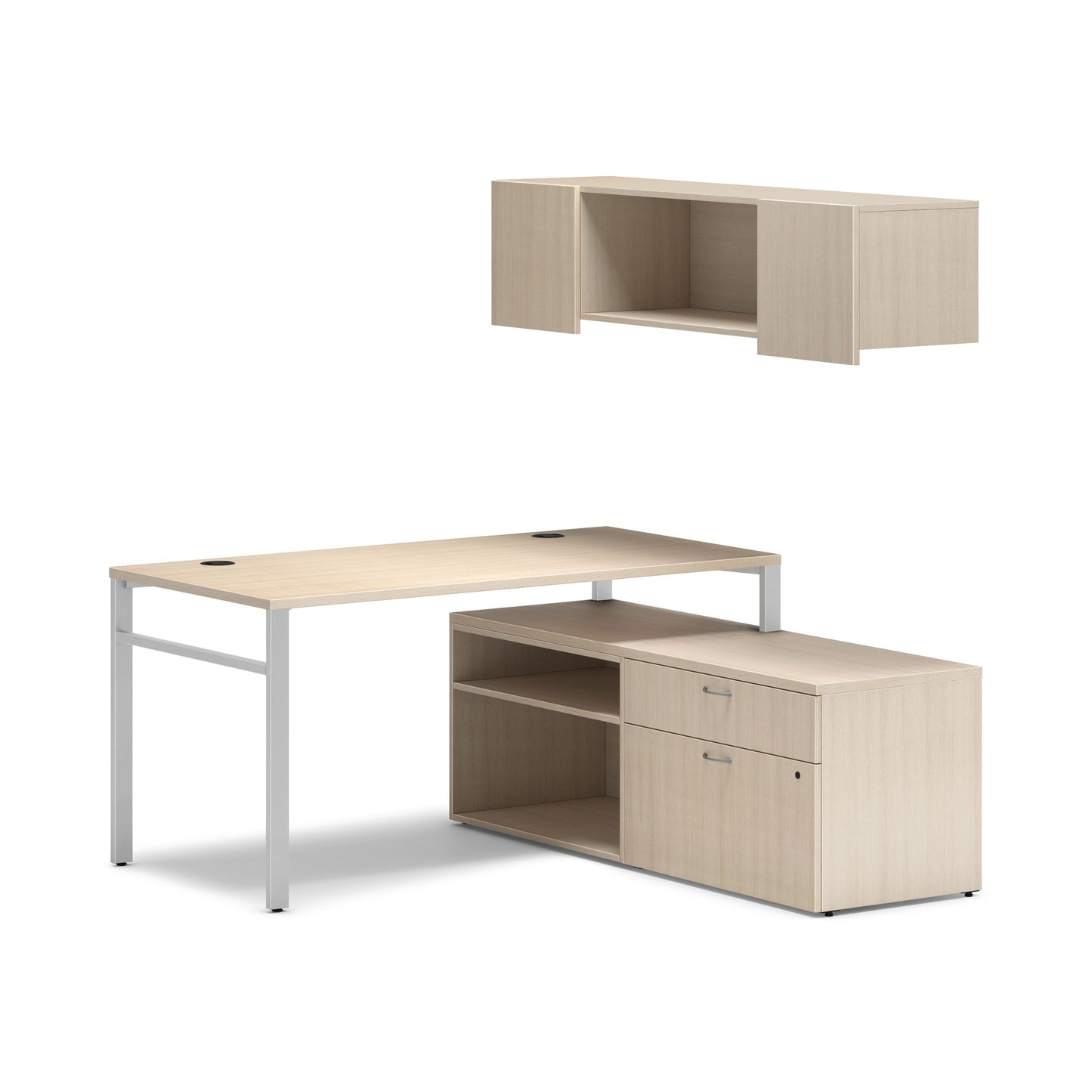 HON Mod Workstation with Wall Mount Storage | 60"W x 60"D | Silver U-Legs | 2 Storage Credenzas | Desert Oak Laminate