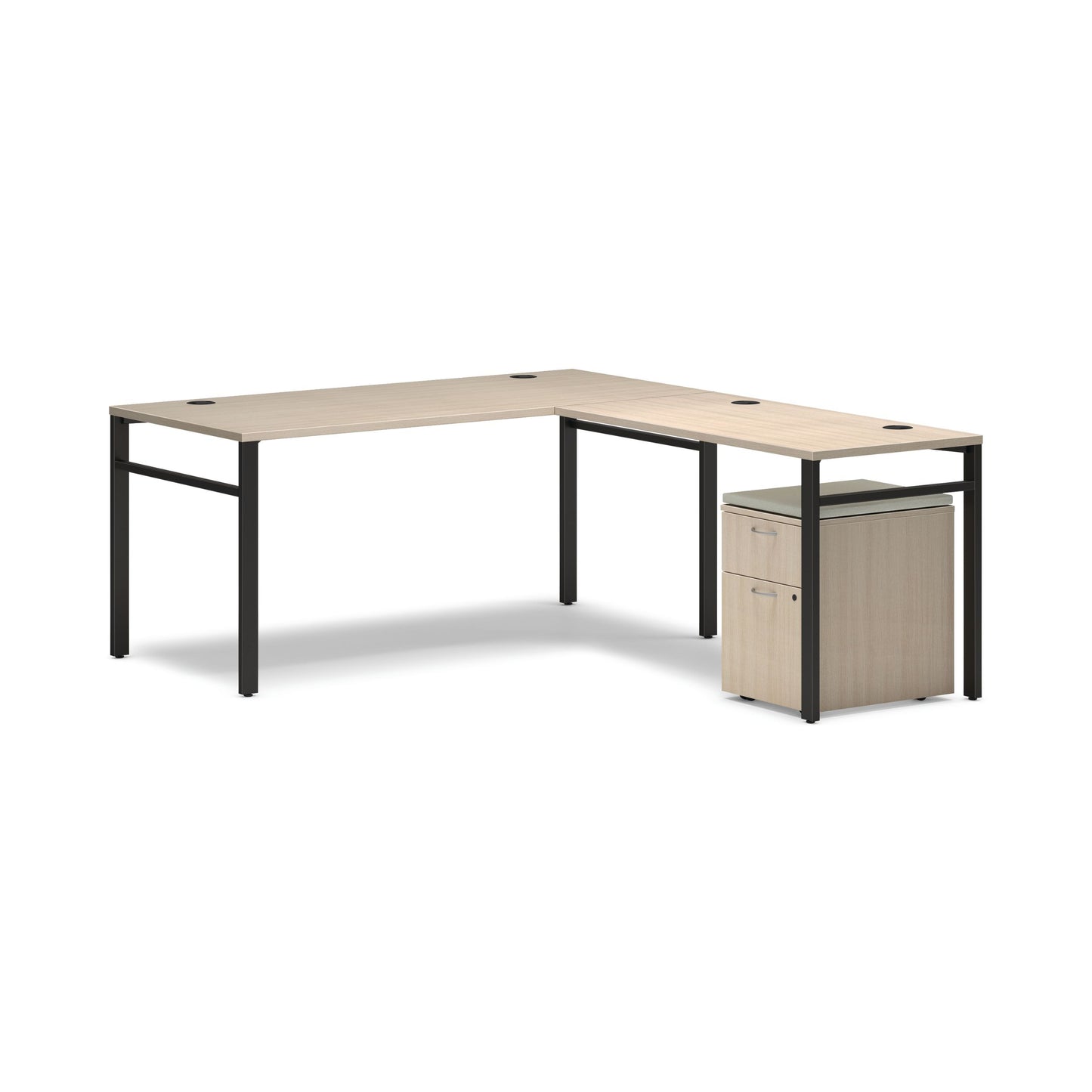 HON Mod L-Station | 66"W x 78"D | Black U-Legs | Mobile Pedestal with Cool Neutral Cushion | Desert Oak Laminate