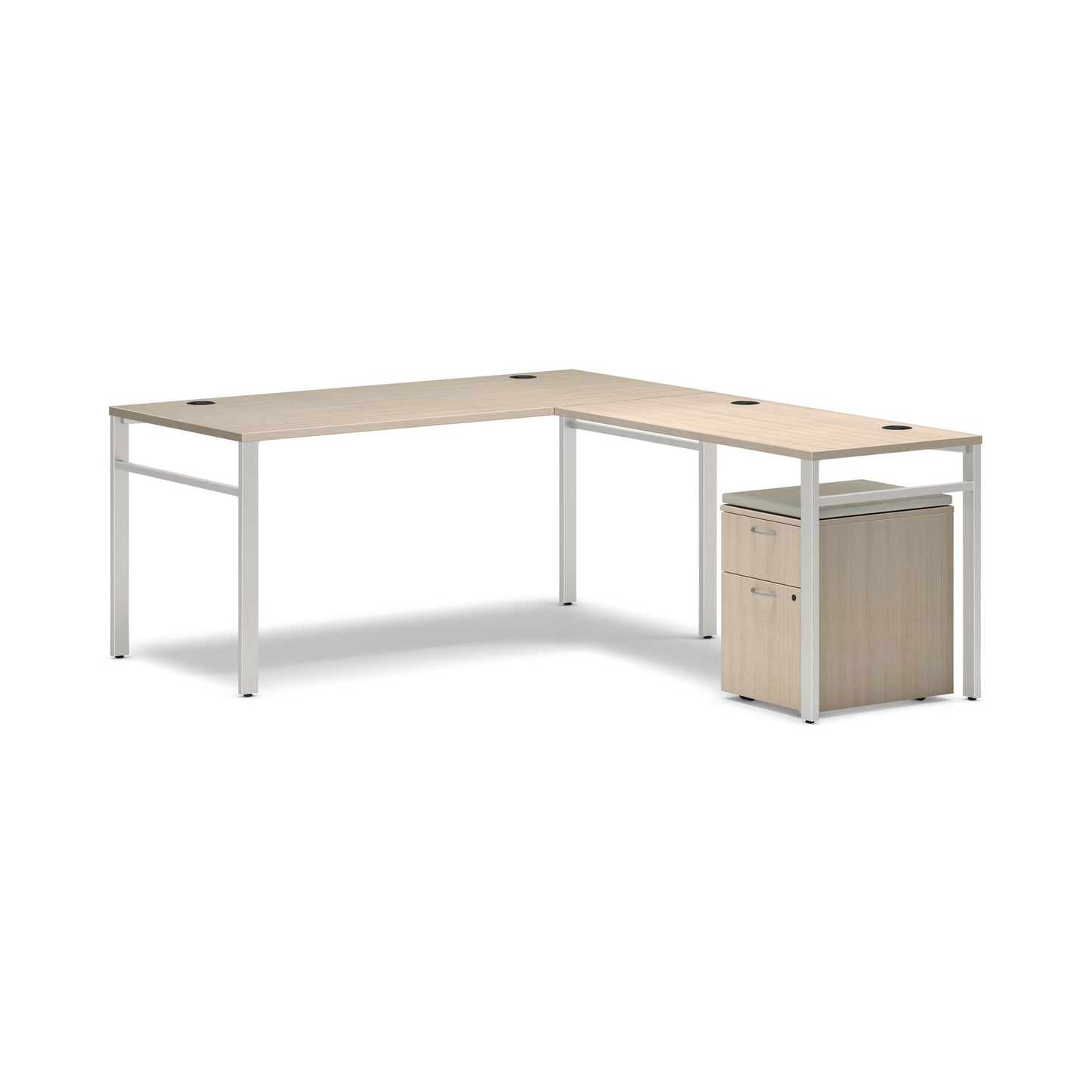HON Mod L-Station | 66"W x 78"D | Silver U-Legs | Mobile Pedestal with Cool Neutral Cushion | Desert Oak Laminate