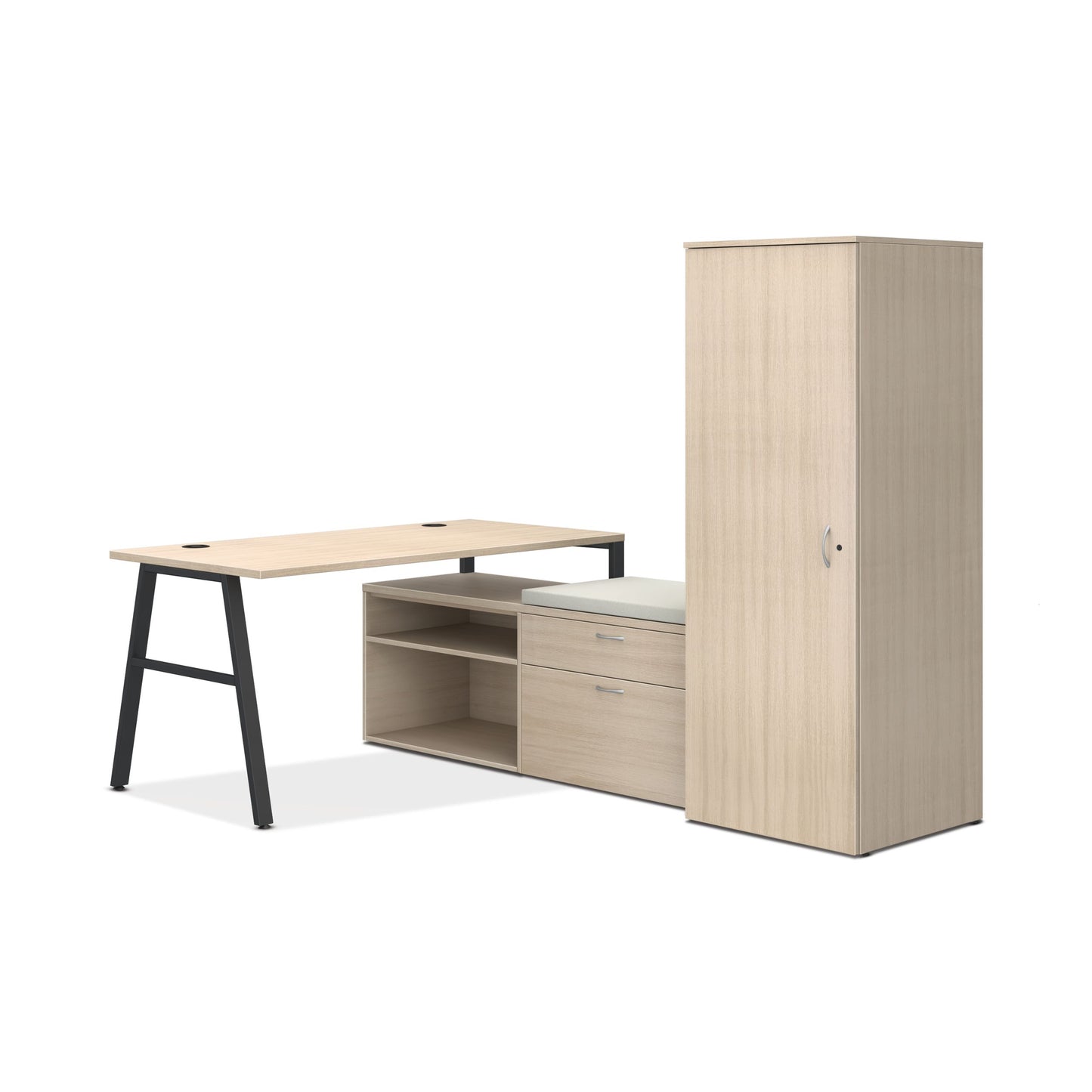 HON Mod small office | 84"W x 60"D | 2 Storage Credenzas | Wardrobe | Black A-Legs | Cool Neutral Credenza Cushion | Desert Oak Laminate