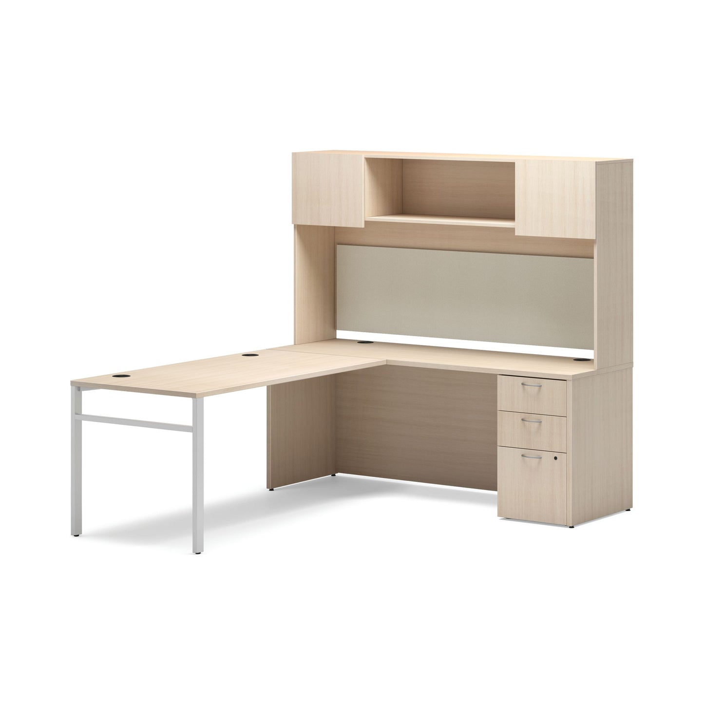 HON Mod Executive Workstation with Storage | Desert Oak Laminate | Cool Neutral Fabric | U-Leg Base