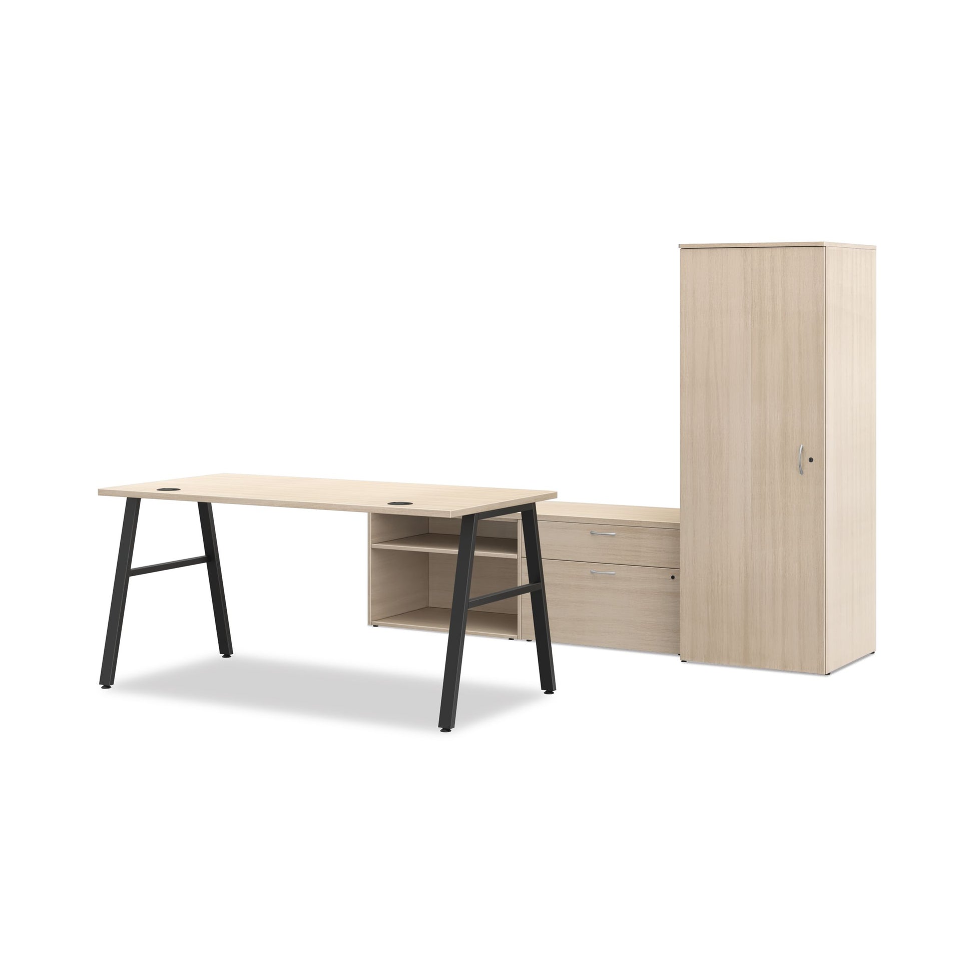 HON Mod Executive Workstation | 84"W x 86"D | Black A-Legs | 2 Storage Credenzas | Wardrobe | Desert Oak Laminate