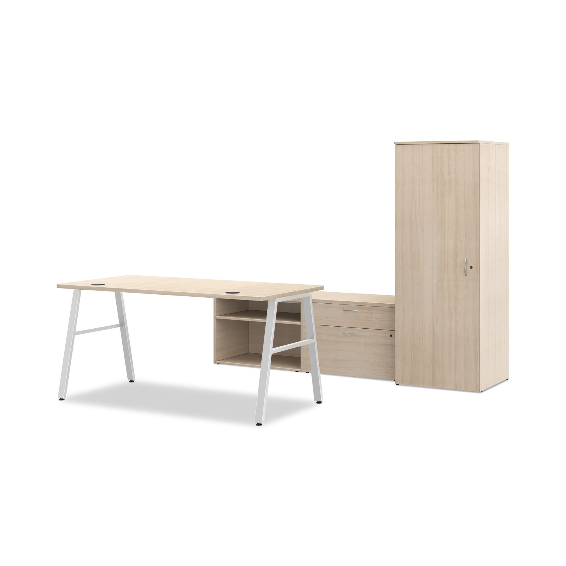 HON Mod Executive Workstation | 84"W x 86"D | Silver A-Legs | 2 Storage Credenzas | Wardrobe | Desert Oak Laminate
