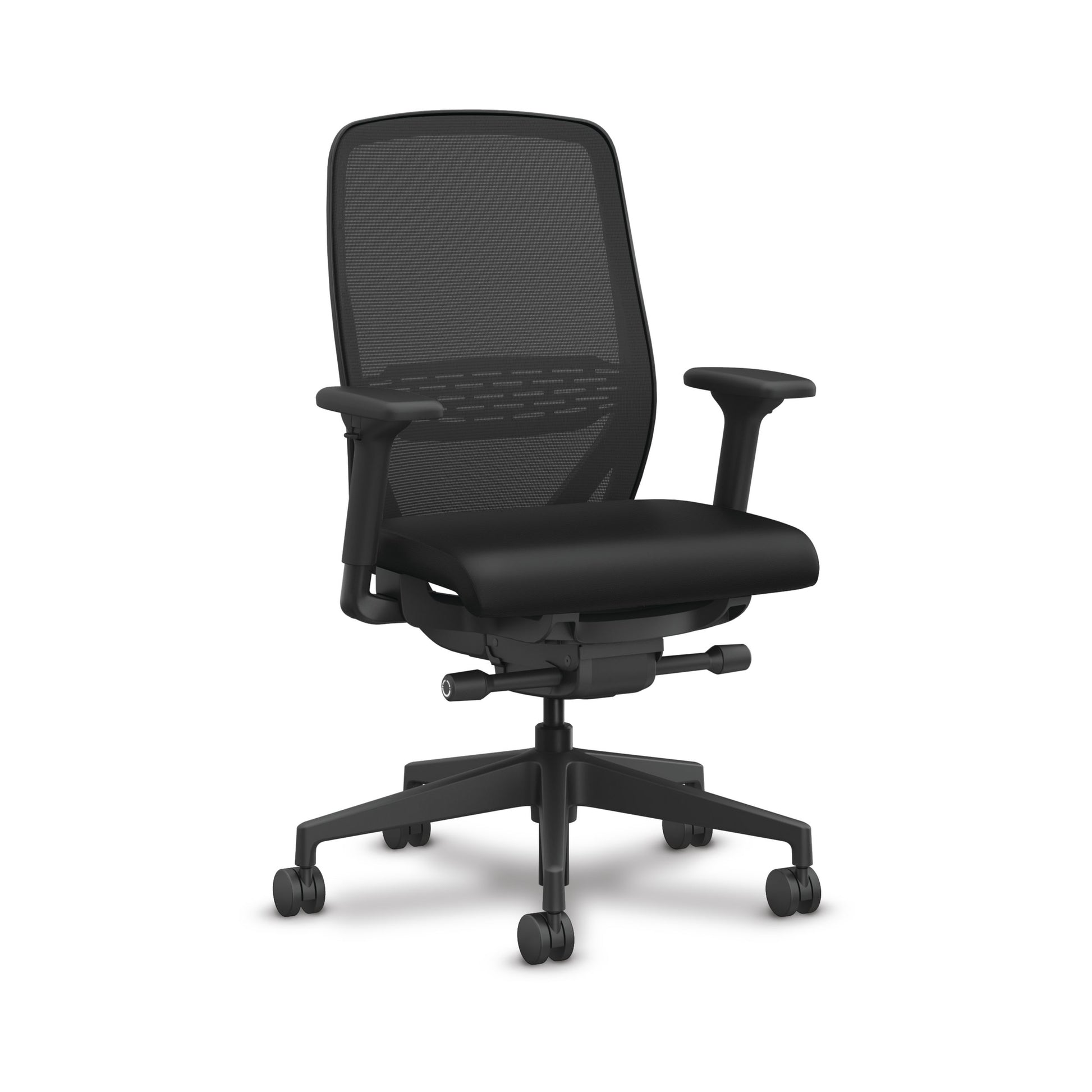 HON Nucleus Task Chair | Advanced Synchro-Tilt | Standard Cylinder | 2-Way Adjustable Arms | Black Mesh Back, Lumbar, and Frame | Black Vinyl Seat