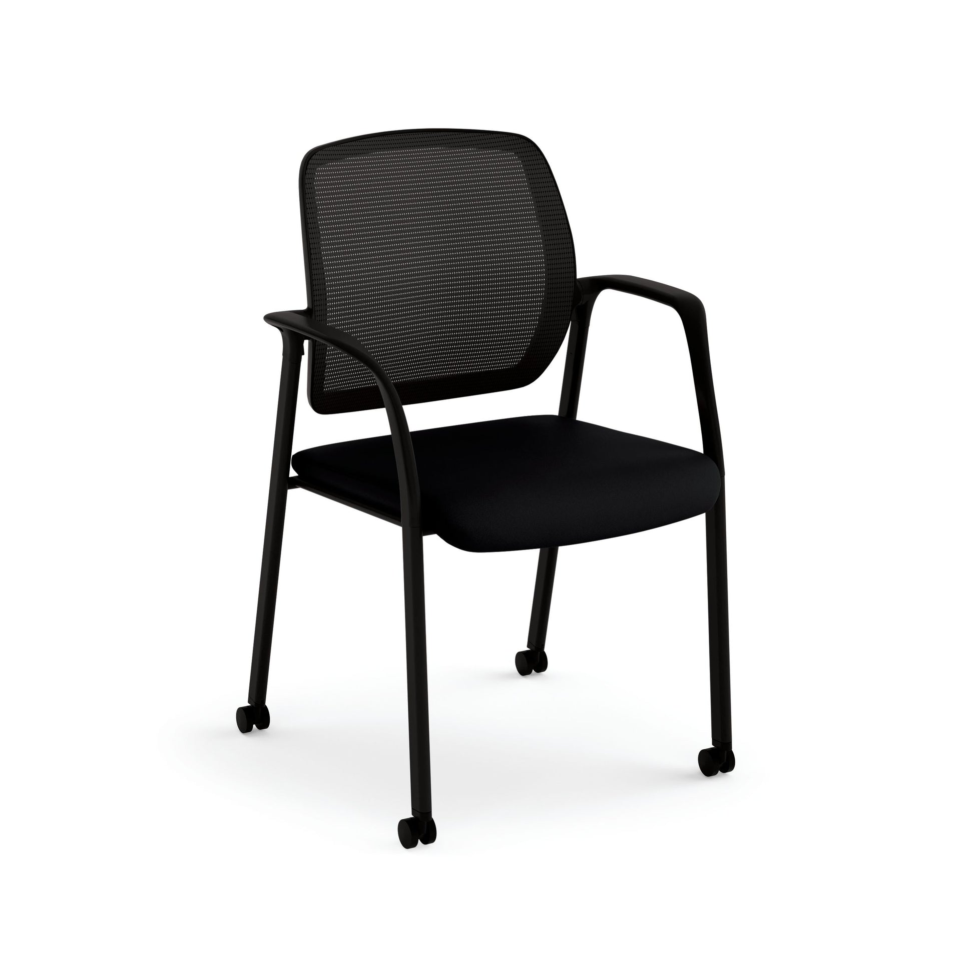 HON Nucleus Guest Chair | Fixed Arms | Casters | Black Mesh Back | Black Frame | Black Fabric