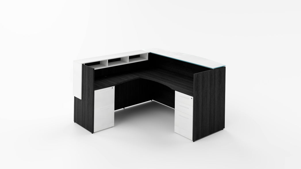 L-Shaped Reception Desk w/ Glass Floating Top & Return Overlay